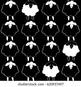 Black and white seamless pattern with sheep's on black background. Can be used for wallpaper, cloth design, paper, textile, banner, wrapping paper. Repeated backdrop in minimal style. 