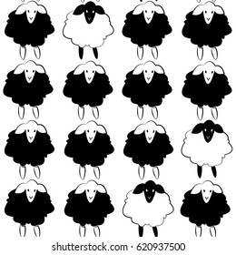 Black and white seamless pattern with sheep's on white background. Can be used for wallpaper, cloth design, paper, textile, banner, wrapping paper. Repeated backdrop in minimal style. 