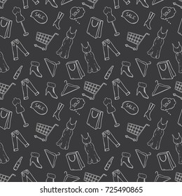 black and white seamless pattern of shopping time icons with doodle art on black background