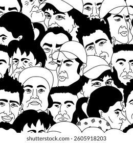 Black and white seamless pattern showcasing a crowd of diverse people, creating a visually engaging design suitable for backgrounds, textiles, and various graphic applications