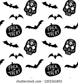 Black and white seamless pattern with silhouette of bat and skull. Repetitive vector wallpaper for Halloween.