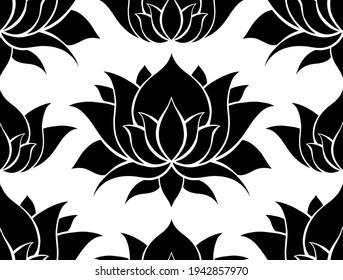 Black and white seamless pattern with silhouettes of lotuses. Water lilies on white backdrop. Natural wallpaper for spa salons and yoga centers. Vector contrast floral texture.