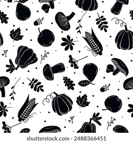 Black and white seamless pattern with silhouettes of autumn harvest elements.Pumpkin, apple, pear, corn, mushrooms,foliage,berries.Background with gifts of nature.Vector graphic design for textile.