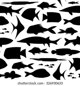 Black and white seamless pattern with silhouettes of fish of different shapes and sizes. Endless background