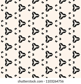 Black and white seamless pattern with simple geometric figures, triangular shapes, small elements. Abstract monochrome background texture, repeat tiles. Design for decor, fabric, package, covers, wrap