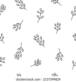 Black and white seamless pattern with simple doodle outline pussy willow twigs.
