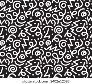 Black and white seamless pattern. Simple childish doodle backdrop with shapes like confetti