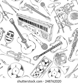 Black and white seamless pattern of sketch musical instruments