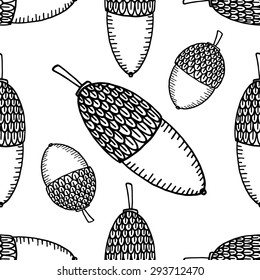 black and white seamless pattern sketch hand drawing big and small acorn 
