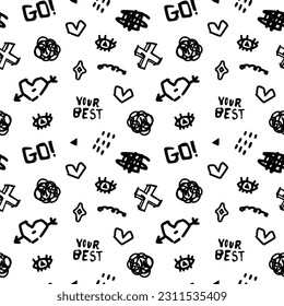 Patrón ininterrumpido en blanco y negro con bocetos y letras para el diseño ondulado. Antecedentes para textiles, impresión para tela, envolvimiento de papel, texto escrito a mano.