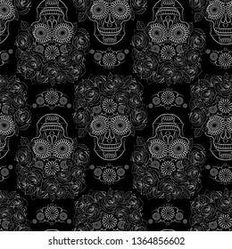 black and white seamless pattern with skull, symbol of the national Mexican holiday Day of the dead and day of angels