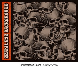 Black and white seamless pattern of skulls with grunge effect on the dark background. 