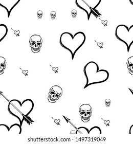 Black and white seamless pattern with skulls and hearts
