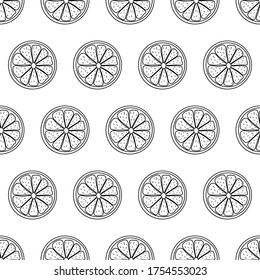 Black and white seamless pattern with sliced pieces of citrus fruit. Stylish simple backdrop. Vector illustration. Ideas for modern creative designs of backgrounds, print, packing, textile, menus.