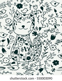 black and white seamless pattern with small flowers and a cat. flower pattern background