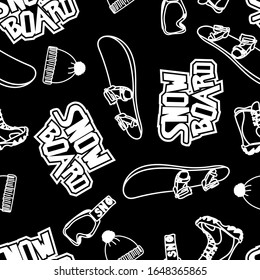 Black and white seamless pattern with snowboarders. Sport winter background with snowboards. Pattern for sportswear, textiles, wrapping paper and more.
