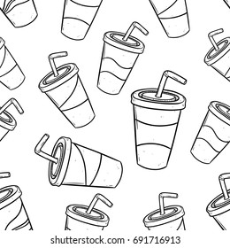 Black And White Seamless Pattern Of Soda Drink Paper Cup With Variety Of Packaging Using Hand Drawn Or Doodle Art