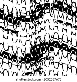 Black and white seamless pattern with sound waves. Abstract vector retro grunge. Monochrome artistic illustration for fabric design, wallpaper, decorative paper, web design, background, postcard.