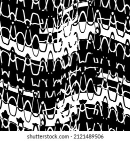 Schwarz-Weiß-Muster, nahtlos mit Schallwellen. Abstrakter Vektorretro-Grunge. Monochrome künstlerische Illustration für Stoffdesign, Tapete, dekoratives Papier, Webdesign, Hintergrund, Postkarte.