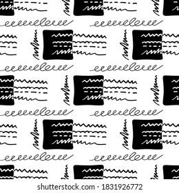Black and white seamless pattern squares and lines. Hand-drawn template. Vector illustration.