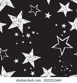 Black and white seamless pattern with stars, spots. Decorative wallpaper, good for printing. Hand drawn overlapping background, texture with decor elements, lines and shapes. Design backdrop vector