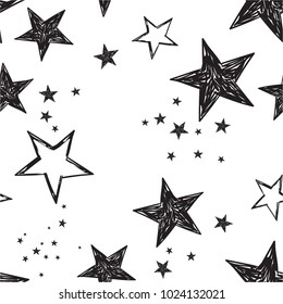 Black and white seamless pattern with stars, spots. Decorative wallpaper, good for printing. Hand drawn overlapping background, texture with decor elements, lines and shapes. Design backdrop vector