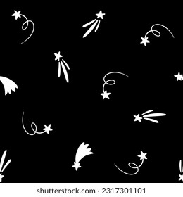 Patrón transparente blanco y negro con estrellas. Disparando estrellas en un fondo negro