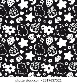 Black and white seamless pattern with stars, flowers, milk and capybara for children's design, textile. 