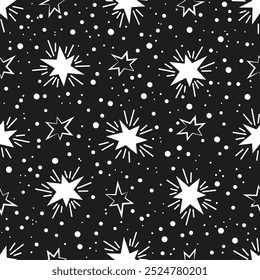 Black and white seamless pattern. Stars, bursts, bright sparkles firework, twinkle, glowing light effect, flash. Hand drawn vector illustration