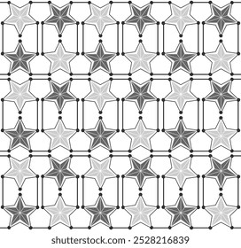 Black and white Seamless pattern with stars and lines on white background in futuristic style. Vector illustration for textile fabric, wallpaper, wrapping paper design. Style in monochrome