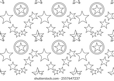 Black and white seamless pattern with stars and stars inside circles, perfect for childrens coloring pages.