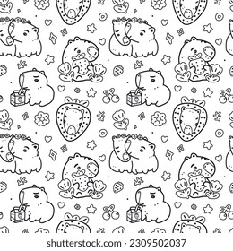 Black and white seamless pattern with strawberry, capybara and tulips for girly design. Cute background for textiles, print for fabric, wrapping paper.