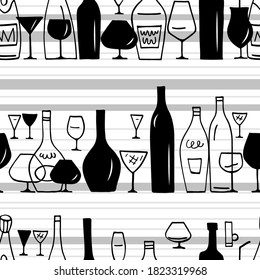 Black and white seamless pattern with stylized alcohol bottles and wine glasses. Graphic composition. Vector illustration.