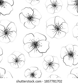 black and white seamless pattern with a stylized cherry blossom. Decor for textiles and Wallpaper.