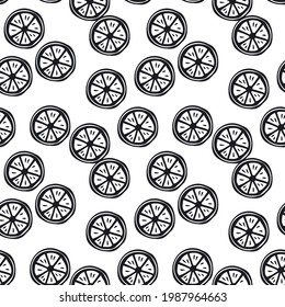 black and white seamless pattern with stylized citrus slices, endless repeatable texture