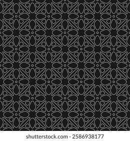 Black and white seamless pattern. Subtle outline vector geometric floral ornament. Abstract background texture with flower silhouettes, leaves, lattice, thin lines, tiles. Dark repeated geo design