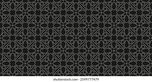 Black and white seamless pattern. Subtle linear vector geometric floral ornament. Abstract background texture with flower silhouettes, leaves, lattice, thin lines, tiles. Minimalist repeating design