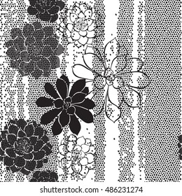 Black and white seamless pattern with succulents on the texture background.  Abstract floral background.