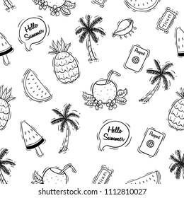 black and white seamless pattern of summer icons with doodle art