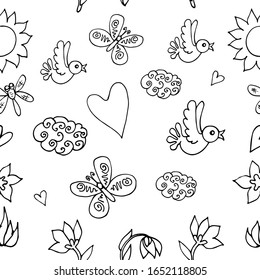 Black and white seamless pattern with a summer or spring children's story.Birds, butterflies, dragonflies, hearts, clouds, sun, flowers, snowdrops, doodles, vector illustration .