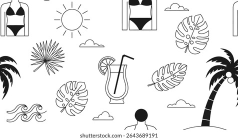 Um padrão sem costura preto e branco com elementos de verão: palmeiras, biquíni, coquetel, sol, nuvens, ondas e folhas tropicais.