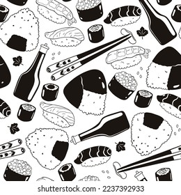 Black and white seamless pattern with sushi and onigiri. Vector graphics.