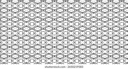 Black and white seamless pattern with symmetrical fish and abstract motifs. Modern tribal style, perfect for textile, wallpaper, or digital product design.
