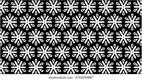 Patrón sin fisuras en blanco y negro con Formas simétricas en forma de estrella floral dispuestas en un diseño repetitivo.
