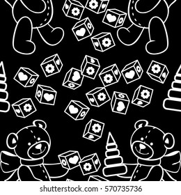 Black and white seamless pattern with teddy bears. Vector clip art.