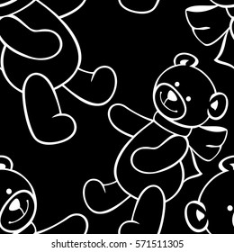 Black and white seamless pattern with teddy bears. Vector clip art.