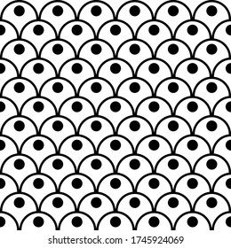 Black and white seamless pattern for textiles, fabric. Kids girly print with circles. Mermaid tail, fish scales. Vector cute pattern.