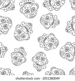 Black and White Seamless Pattern with Traditional Mexican Hand Drawn Skull. Dia De Muertos Holiday Symbol In Sketch Style.
