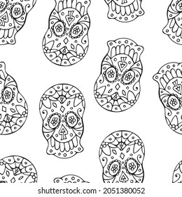 Black and White Seamless Pattern with Traditional Mexican Hand Drawn Skull. Dia De Muertos Holiday Symbol In Sketch Style.