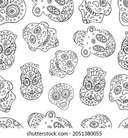 Black and White Seamless Pattern with Traditional Mexican Hand Drawn Skull. Dia De Muertos Holiday Symbol In Sketch Style.
